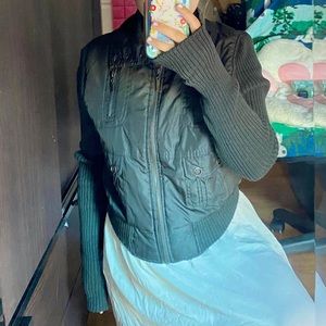 Green Olive Sweater Sleeve Utility Bomber Jacket